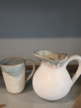 Etta B Handmade White Pottery Pitcher And Mug with Soft Blue-Green Glaze